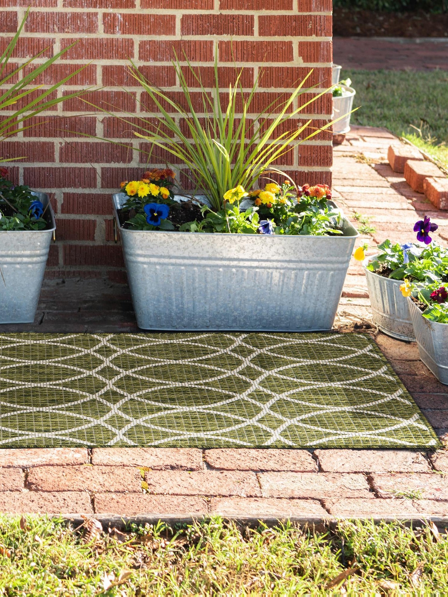 Green 2' x 8' Outdoor Trellis Runner Area Rug Weather Resistant for Patio, Deck, Terrace, Balcony, Porch Geometric Design Water Safe Outside Carpet for Sale at Rug Engine