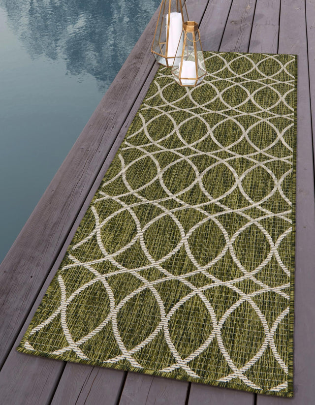 Green 2' x 6' 1 Outdoor Trellis Runner Area Rug Weather Resistant for Patio, Deck, Terrace, Balcony, Porch Geometric Design Water Safe Outside Carpet for Sale at Rug Engine