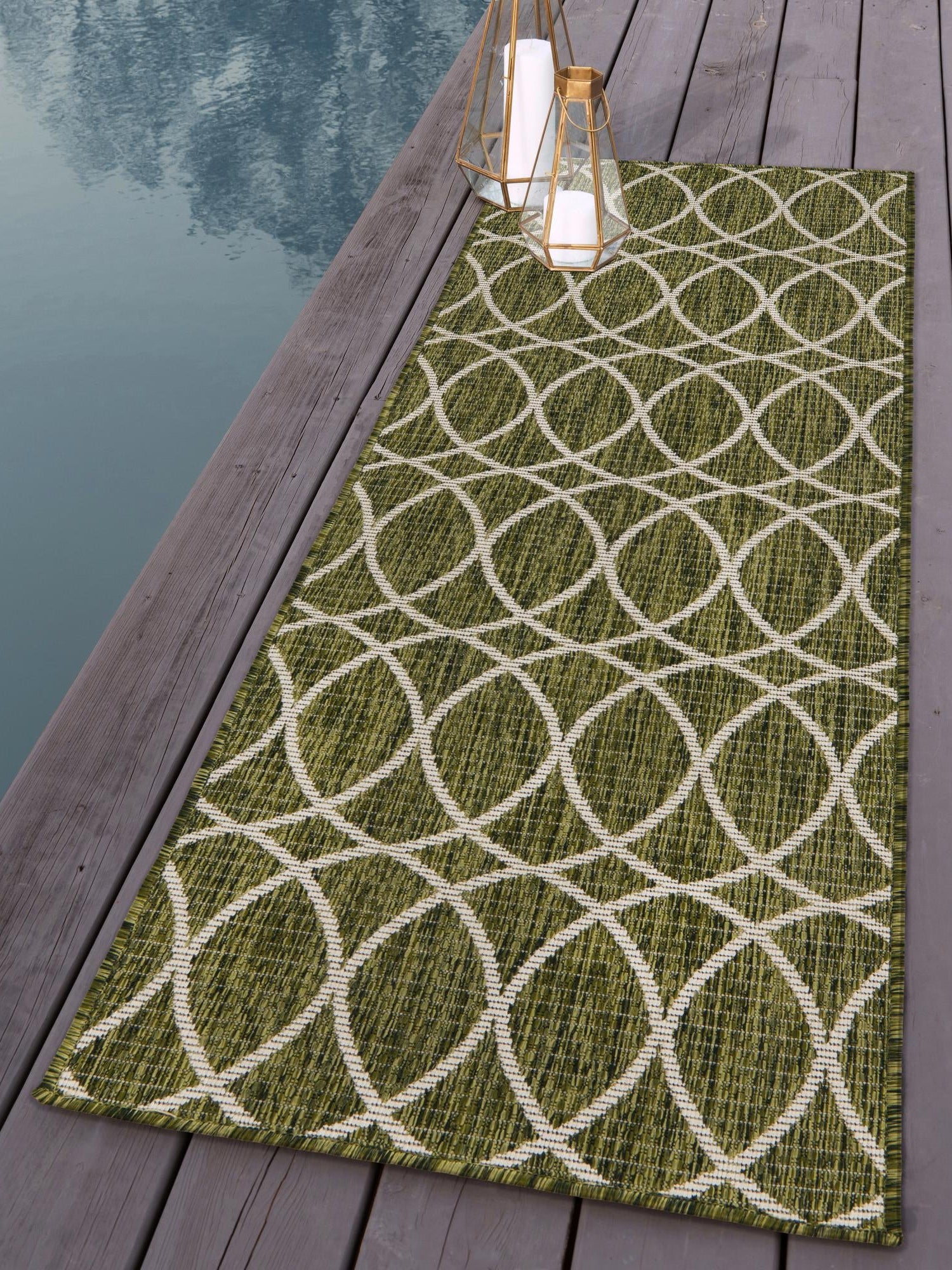 Green 2' x 8' Outdoor Trellis Runner Area Rug Weather Resistant for Patio, Deck, Terrace, Balcony, Porch Geometric Design Water Safe Outside Carpet for Sale at Rug Engine