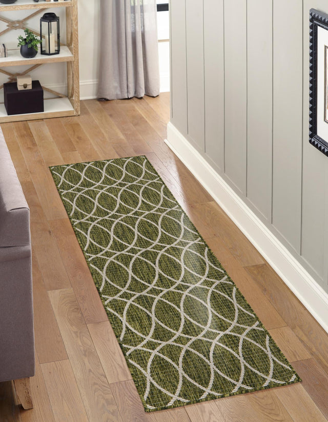 Green 2' x 6' 1 Outdoor Trellis Runner Area Rug Weather Resistant for Patio, Deck, Terrace, Balcony, Porch Geometric Design Water Safe Outside Carpet for Sale at Rug Engine
