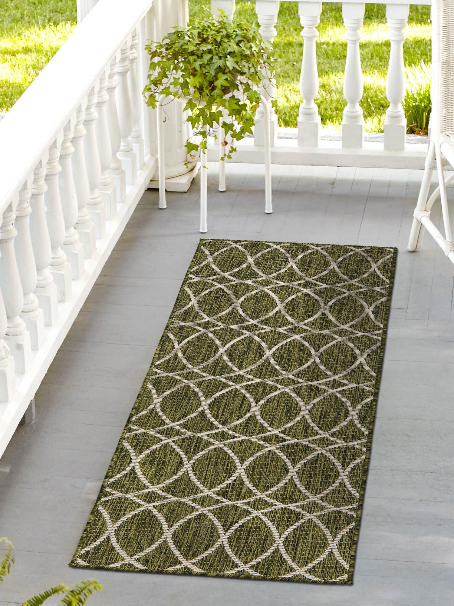 Green 2' x 8' Outdoor Trellis Runner Area Rug Weather Resistant for Patio, Deck, Terrace, Balcony, Porch Geometric Design Water Safe Outside Carpet for Sale at Rug Engine