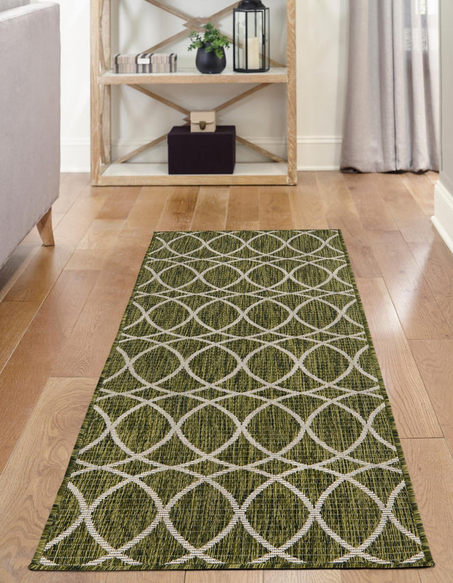 Green 2' x 8' Outdoor Trellis Runner Area Rug Weather Resistant for Patio, Deck, Terrace, Balcony, Porch Geometric Design Water Safe Outside Carpet for Sale at Rug Engine