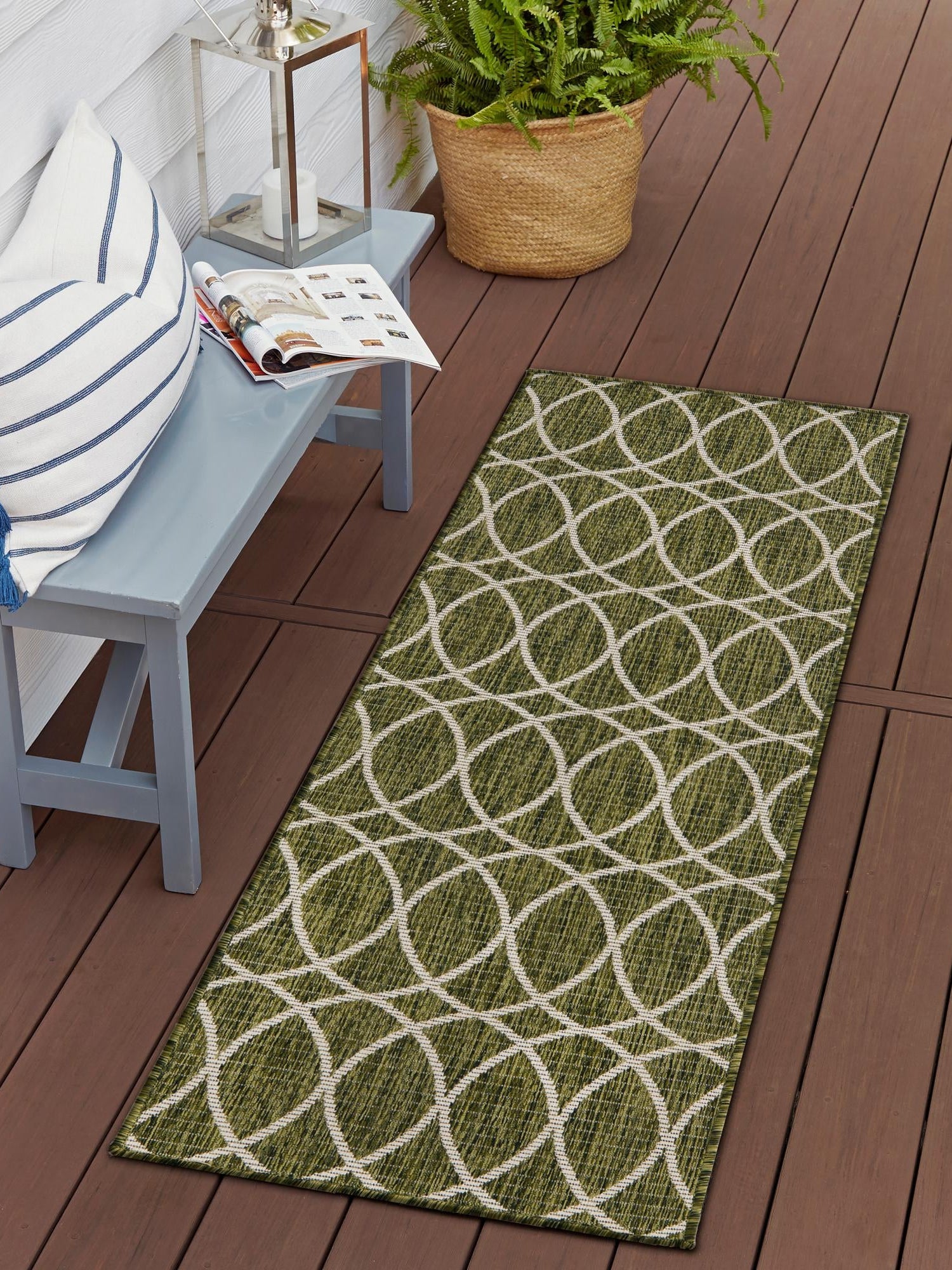 Green 2' x 8' Outdoor Trellis Runner Area Rug Weather Resistant for Patio, Deck, Terrace, Balcony, Porch Geometric Design Water Safe Outside Carpet for Sale at Rug Engine