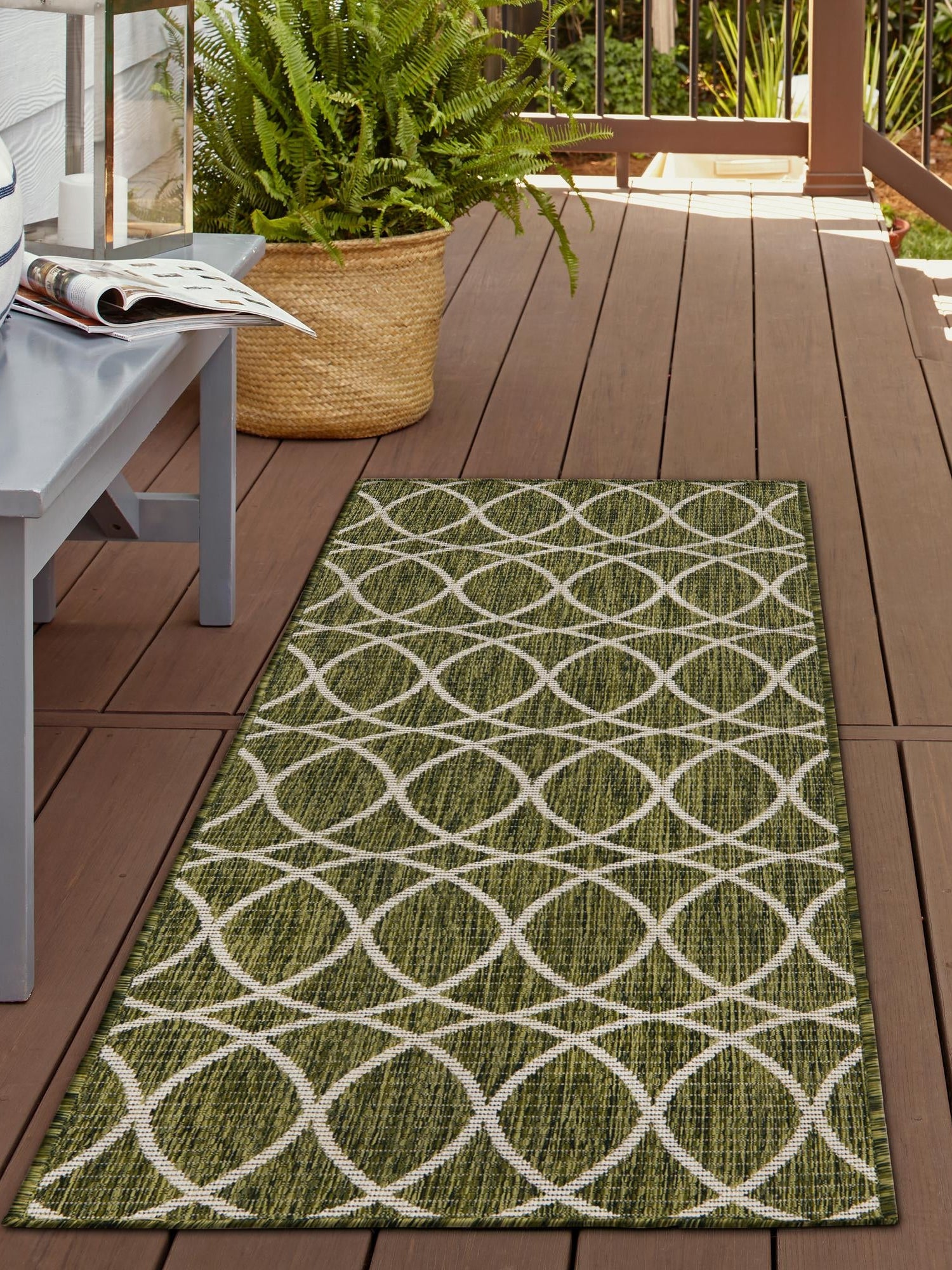 Green 2' x 8' Outdoor Trellis Runner Area Rug Weather Resistant for Patio, Deck, Terrace, Balcony, Porch Geometric Design Water Safe Outside Carpet for Sale at Rug Engine