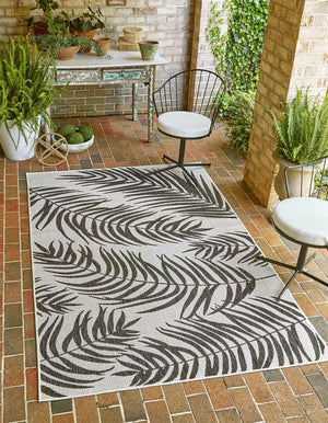 Charcoal Ivory 5' 3 x 8' Outdoor Botanical Rectangle Area Rug Weather Resistant for Patio, Deck, Terrace, Balcony, Porch Polypropylene Garden Floral Tropical Carpet for Sale at Rug Engine