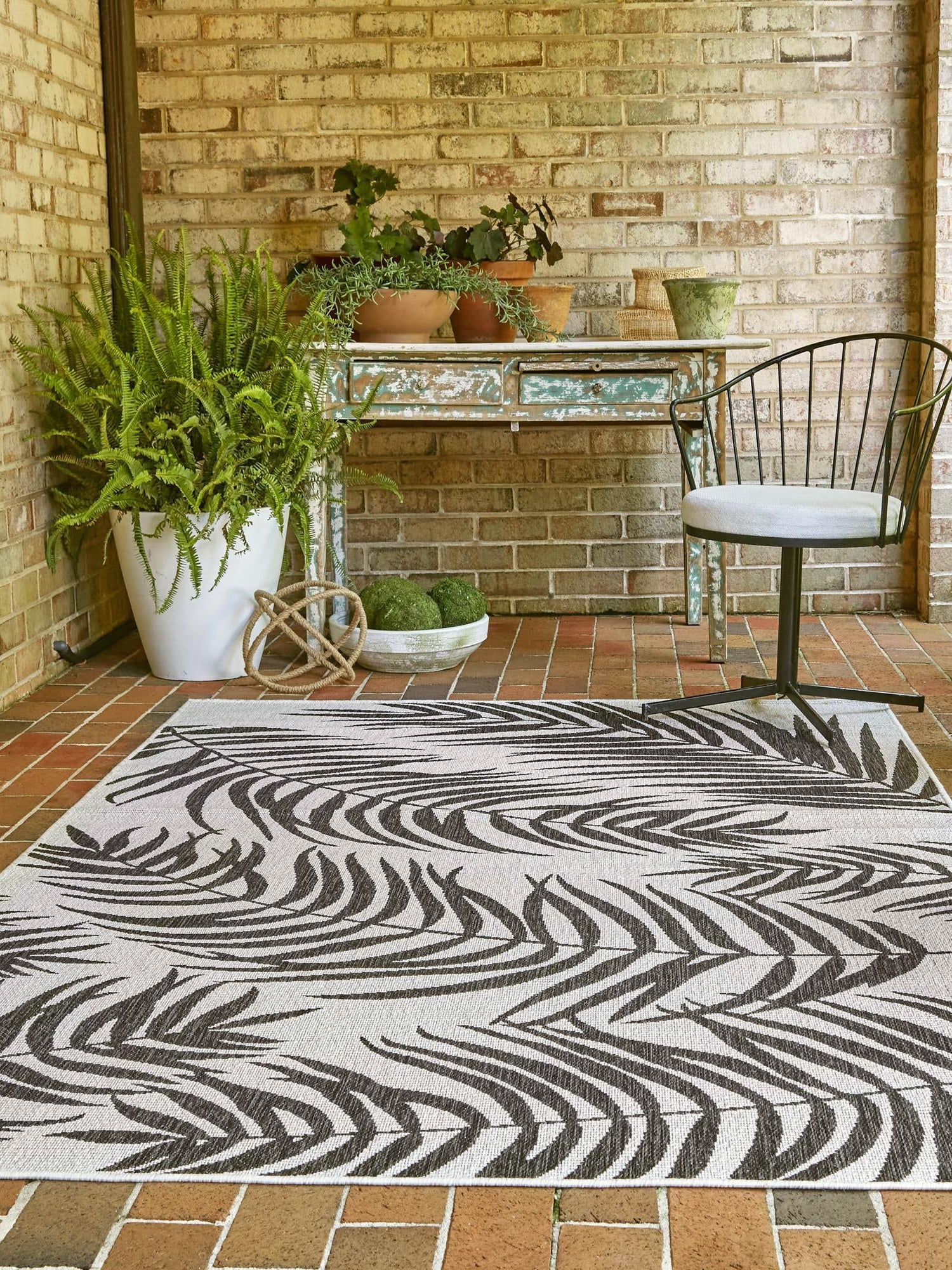 Charcoal Ivory 7' 1 x 10' Outdoor Botanical Rectangle Area Rug Weather Resistant for Patio, Deck, Terrace, Balcony, Porch Polypropylene Garden Floral Tropical Carpet for Sale at Rug Engine