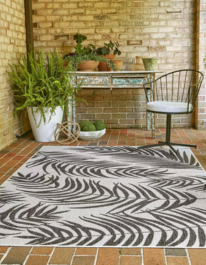 Charcoal Ivory 7' 1 x 10' Outdoor Botanical Rectangle Area Rug Weather Resistant for Patio, Deck, Terrace, Balcony, Porch Polypropylene Garden Floral Tropical Carpet for Sale at Rug Engine