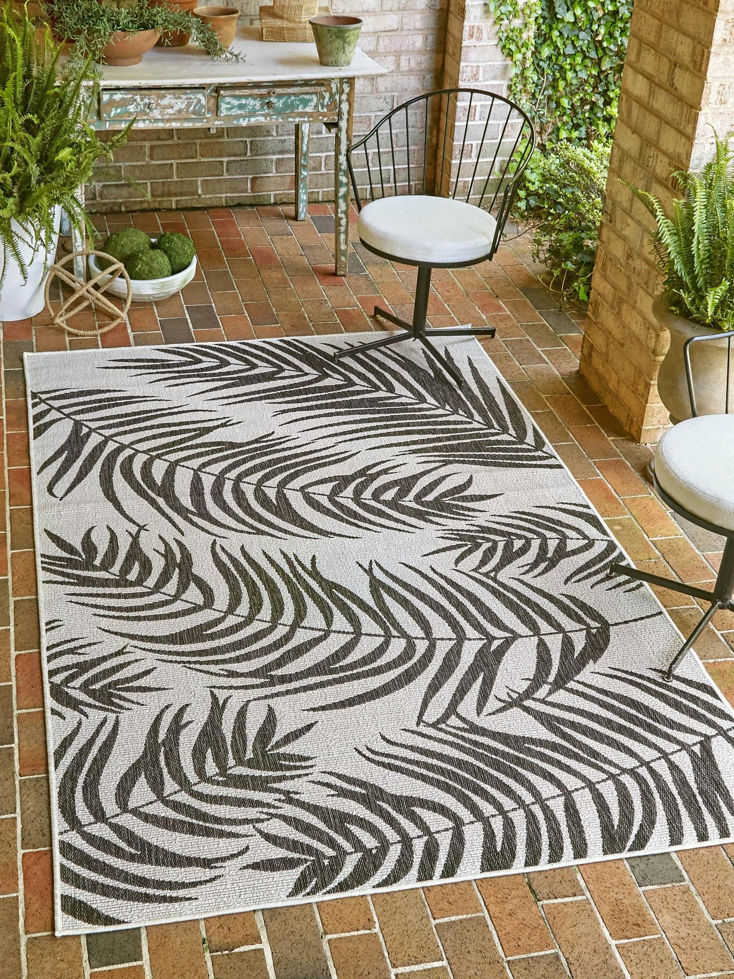 Charcoal Ivory 6' 1 x 9' Outdoor Botanical Rectangle Area Rug Weather Resistant for Patio, Deck, Terrace, Balcony, Porch Polypropylene Garden Floral Tropical Carpet for Sale at Rug Engine