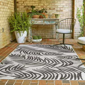 Charcoal Ivory 9' x 12' Outdoor Botanical Rectangle Area Rug Weather Resistant for Patio, Deck, Terrace, Balcony, Porch Polypropylene Garden Floral Tropical Carpet for Sale at Rug Engine