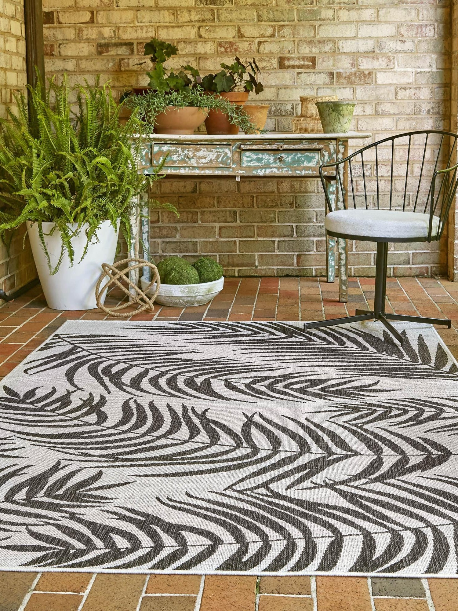 Charcoal Ivory 7' 10 x 11' Outdoor Botanical Rectangle Area Rug Weather Resistant for Patio, Deck, Terrace, Balcony, Porch Polypropylene Garden Floral Tropical Carpet for Sale at Rug Engine