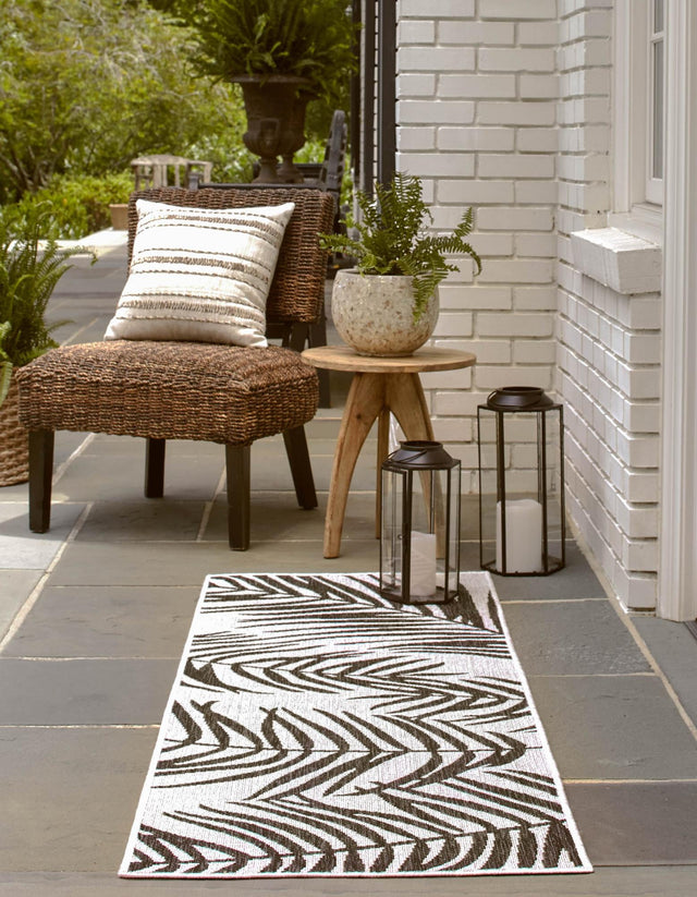 Charcoal Ivory 2' x 6' 1 Outdoor Botanical Runner Area Rug Weather Resistant for Patio, Deck, Terrace, Balcony, Porch Polypropylene Garden Floral Tropical Carpet for Sale at Rug Engine