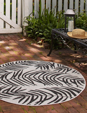 Charcoal Ivory 4' 1 x 4' 1 Outdoor Botanical Round Area Rug Weather Resistant for Patio, Deck, Terrace, Balcony, Porch Polypropylene Garden Floral Tropical Carpet for Sale at Rug Engine