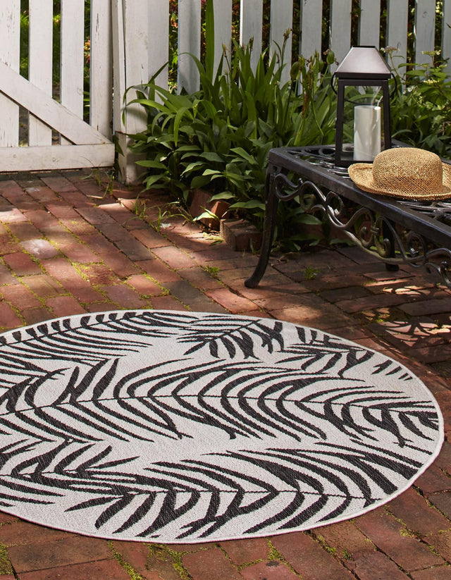 Charcoal Ivory 4' 1 x 4' 1 Outdoor Botanical Round Area Rug Weather Resistant for Patio, Deck, Terrace, Balcony, Porch Polypropylene Garden Floral Tropical Carpet for Sale at Rug Engine