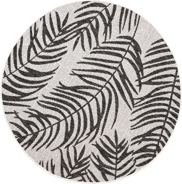 Charcoal Ivory 4' 1 x 4' 1 Outdoor Botanical Round Area Rug Weather Resistant for Patio, Deck, Terrace, Balcony, Porch Polypropylene Garden Floral Tropical Carpet for Sale at Rug Engine