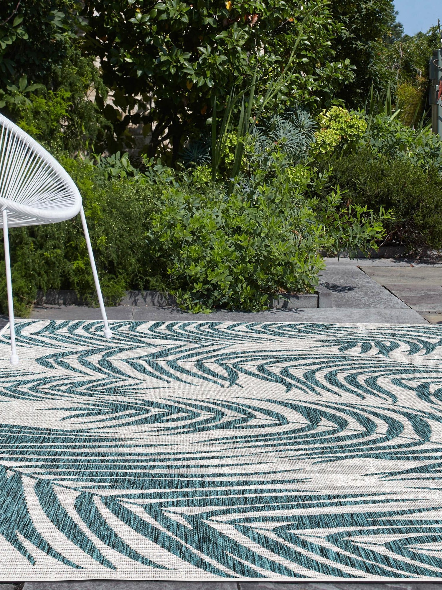 Teal Ivory 6' 1 x 9' Outdoor Botanical Rectangle Area Rug Weather Resistant for Patio, Deck, Terrace, Balcony, Porch Polypropylene Garden Floral Tropical Carpet for Sale at Rug Engine