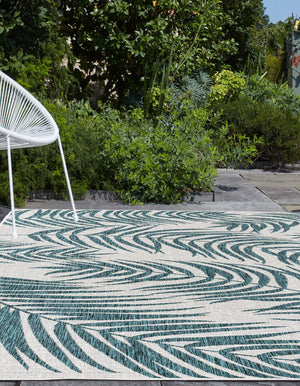 Teal Ivory 6' 1 x 9' Outdoor Botanical Rectangle Area Rug Weather Resistant for Patio, Deck, Terrace, Balcony, Porch Polypropylene Garden Floral Tropical Carpet for Sale at Rug Engine