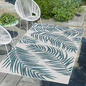 Teal Ivory 7' 10 x 11' Outdoor Botanical Rectangle Area Rug Weather Resistant for Patio, Deck, Terrace, Balcony, Porch Polypropylene Garden Floral Tropical Carpet for Sale at Rug Engine