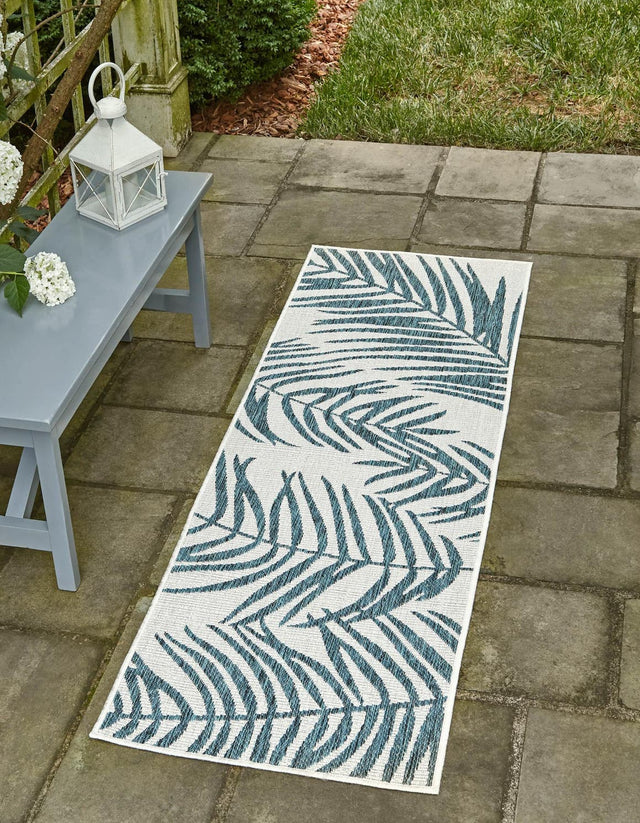 Teal Ivory 2' x 6' 1 Outdoor Botanical Runner Area Rug Weather Resistant for Patio, Deck, Terrace, Balcony, Porch Polypropylene Garden Floral Tropical Carpet for Sale at Rug Engine