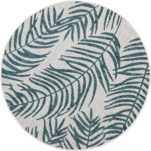 Teal Ivory 4' 1 x 4' 1 Outdoor Botanical Round Area Rug Weather Resistant for Patio, Deck, Terrace, Balcony, Porch Polypropylene Garden Floral Tropical Carpet for Sale at Rug Engine