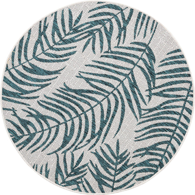 Teal Ivory 4' 1 x 4' 1 Outdoor Botanical Round Area Rug Weather Resistant for Patio, Deck, Terrace, Balcony, Porch Polypropylene Garden Floral Tropical Carpet for Sale at Rug Engine
