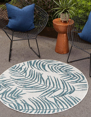 Teal Ivory 4' 1 x 4' 1 Outdoor Botanical Round Area Rug Weather Resistant for Patio, Deck, Terrace, Balcony, Porch Polypropylene Garden Floral Tropical Carpet for Sale at Rug Engine