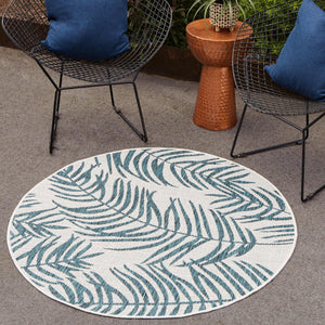 Teal Ivory 4' 1 x 4' 1 Outdoor Botanical Round Area Rug Weather Resistant for Patio, Deck, Terrace, Balcony, Porch Polypropylene Garden Floral Tropical Carpet for Sale at Rug Engine
