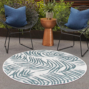 Teal Ivory 4' 1 x 4' 1 Outdoor Botanical Round Area Rug Weather Resistant for Patio, Deck, Terrace, Balcony, Porch Polypropylene Garden Floral Tropical Carpet for Sale at Rug Engine