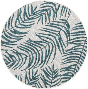 Teal Ivory 4' 1 x 4' 1 Outdoor Botanical Round Area Rug Weather Resistant for Patio, Deck, Terrace, Balcony, Porch Polypropylene Garden Floral Tropical Carpet for Sale at Rug Engine