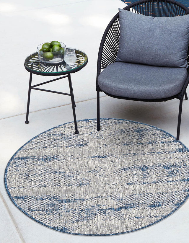 Blue 4' 1 x 4' 1 Outdoor Modern Round Area Rug Weather Resistant for Patio, Deck, Terrace, Balcony, Porch 100% Polypropylene Modern Outside Carpet for Sale at Rug Engine