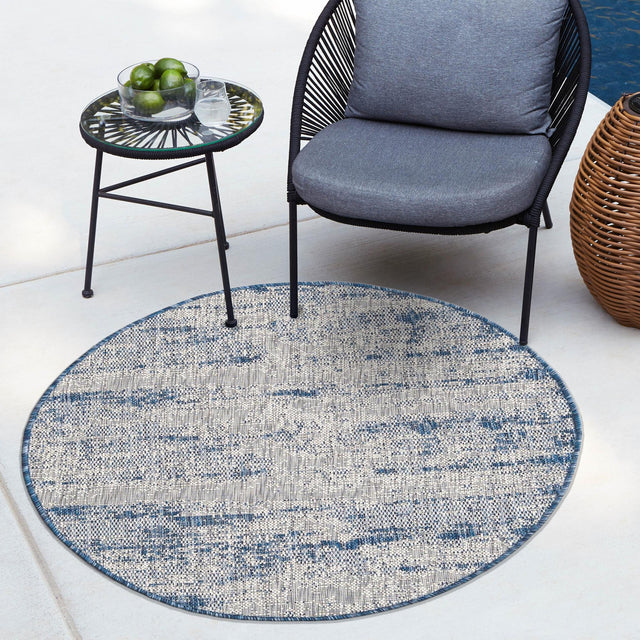 Blue 4' 1 x 4' 1 Outdoor Modern Round Area Rug Weather Resistant for Patio, Deck, Terrace, Balcony, Porch 100% Polypropylene Modern Outside Carpet for Sale at Rug Engine