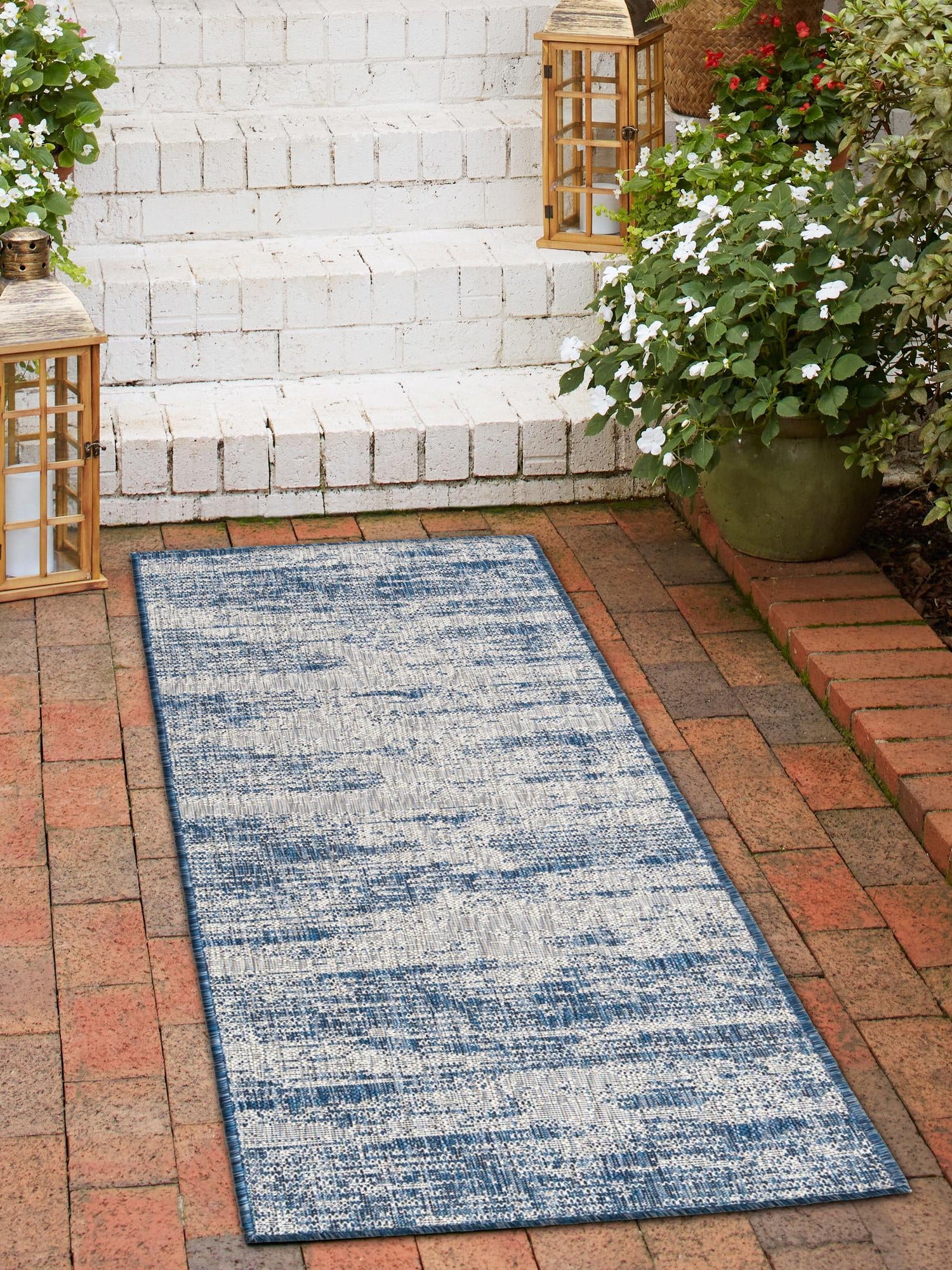 Blue 2' x 6' 1 Outdoor Modern Runner Area Rug Weather Resistant for Patio, Deck, Terrace, Balcony, Porch 100% Polypropylene Modern Outside Carpet for Sale at Rug Engine