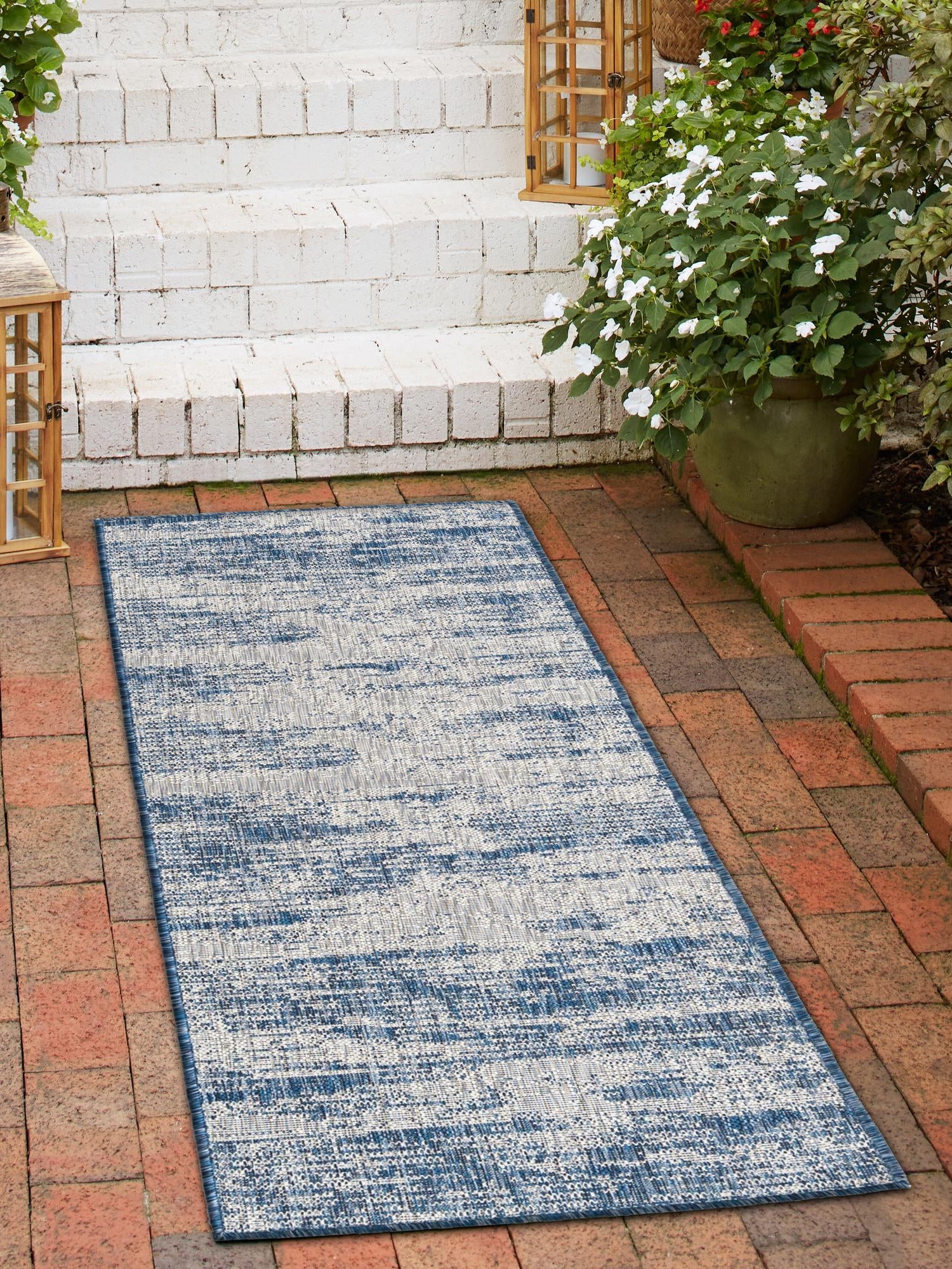 Blue 2' x 8' Outdoor Modern Runner Area Rug Weather Resistant for Patio, Deck, Terrace, Balcony, Porch 100% Polypropylene Modern Outside Carpet for Sale at Rug Engine