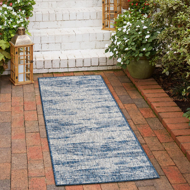 Blue 2' x 8' Outdoor Modern Runner Area Rug Weather Resistant for Patio, Deck, Terrace, Balcony, Porch 100% Polypropylene Modern Outside Carpet for Sale at Rug Engine