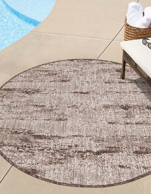 Brown 10' x 10' Outdoor Modern Round Area Rug Weather Resistant for Patio, Deck, Terrace, Balcony, Porch 100% Polypropylene Modern Outside Carpet for Sale at Rug Engine