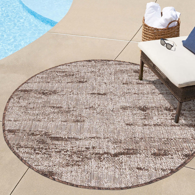 Brown 10' x 10' Outdoor Modern Round Area Rug Weather Resistant for Patio, Deck, Terrace, Balcony, Porch 100% Polypropylene Modern Outside Carpet for Sale at Rug Engine
