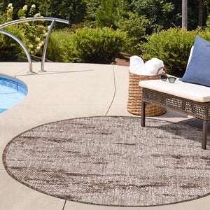 Brown 4' 1 x 4' 1 Outdoor Modern Round Area Rug Weather Resistant for Patio, Deck, Terrace, Balcony, Porch 100% Polypropylene Modern Outside Carpet for Sale at Rug Engine