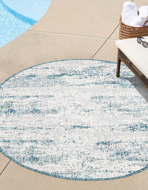 Teal 10' x 10' Outdoor Modern Round Area Rug Weather Resistant for Patio, Deck, Terrace, Balcony, Porch 100% Polypropylene Modern Outside Carpet for Sale at Rug Engine