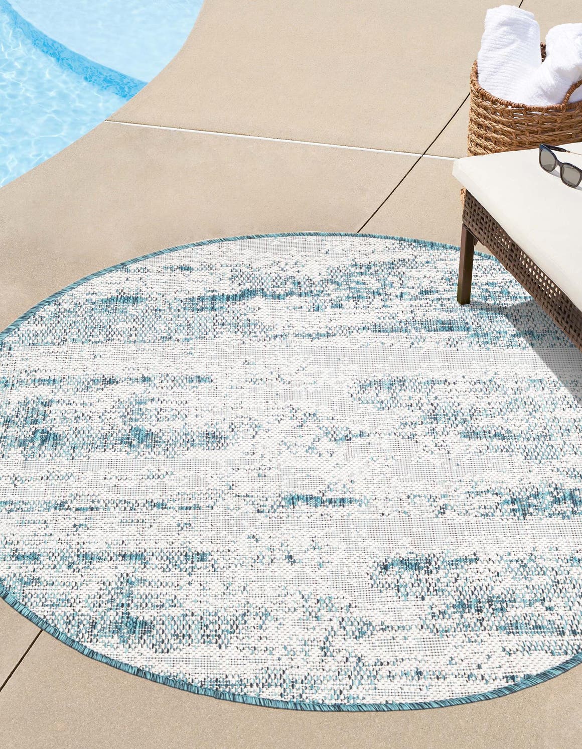 Teal 4' 1 x 4' 1 Outdoor Modern Round Area Rug Weather Resistant for Patio, Deck, Terrace, Balcony, Porch 100% Polypropylene Modern Outside Carpet for Sale at Rug Engine