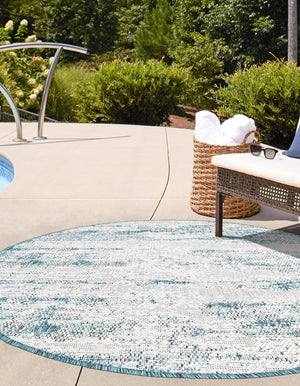 Teal 10' x 10' Outdoor Modern Round Area Rug Weather Resistant for Patio, Deck, Terrace, Balcony, Porch 100% Polypropylene Modern Outside Carpet for Sale at Rug Engine