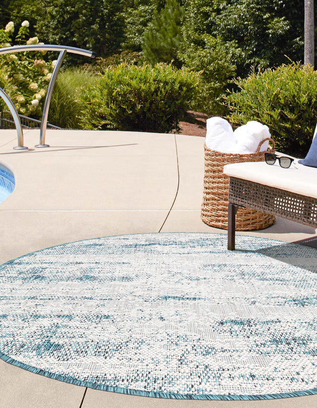 Teal 3' 1 x 3' 1 Outdoor Modern Round Area Rug Weather Resistant for Patio, Deck, Terrace, Balcony, Porch 100% Polypropylene Modern Outside Carpet for Sale at Rug Engine