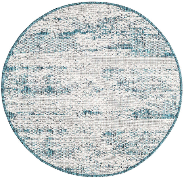 Teal 3' 1 x 3' 1 Outdoor Modern Round Area Rug Weather Resistant for Patio, Deck, Terrace, Balcony, Porch 100% Polypropylene Modern Outside Carpet for Sale at Rug Engine