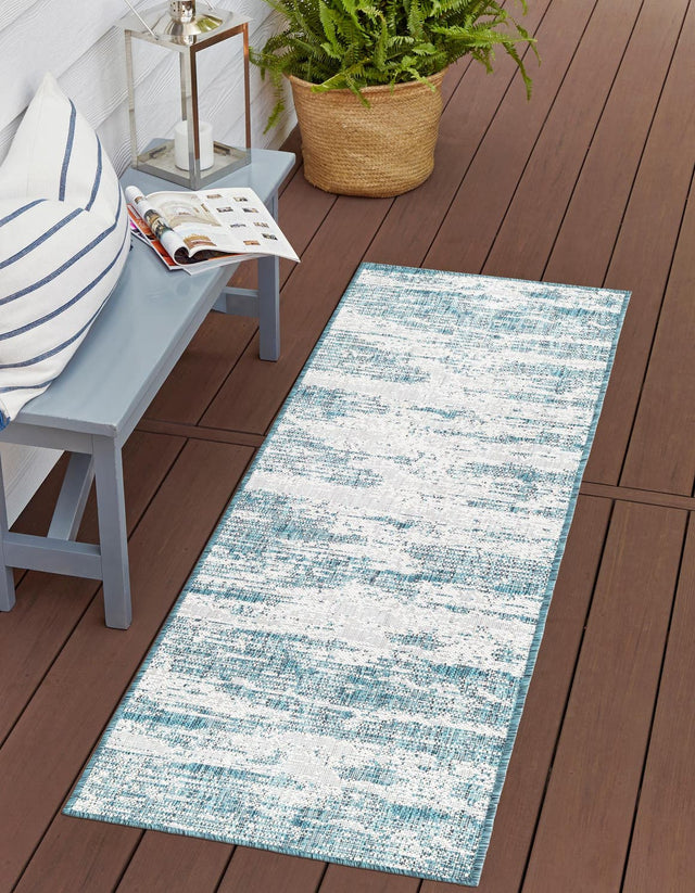 Teal 2' x 8' Outdoor Modern Runner Area Rug Weather Resistant for Patio, Deck, Terrace, Balcony, Porch 100% Polypropylene Modern Outside Carpet for Sale at Rug Engine
