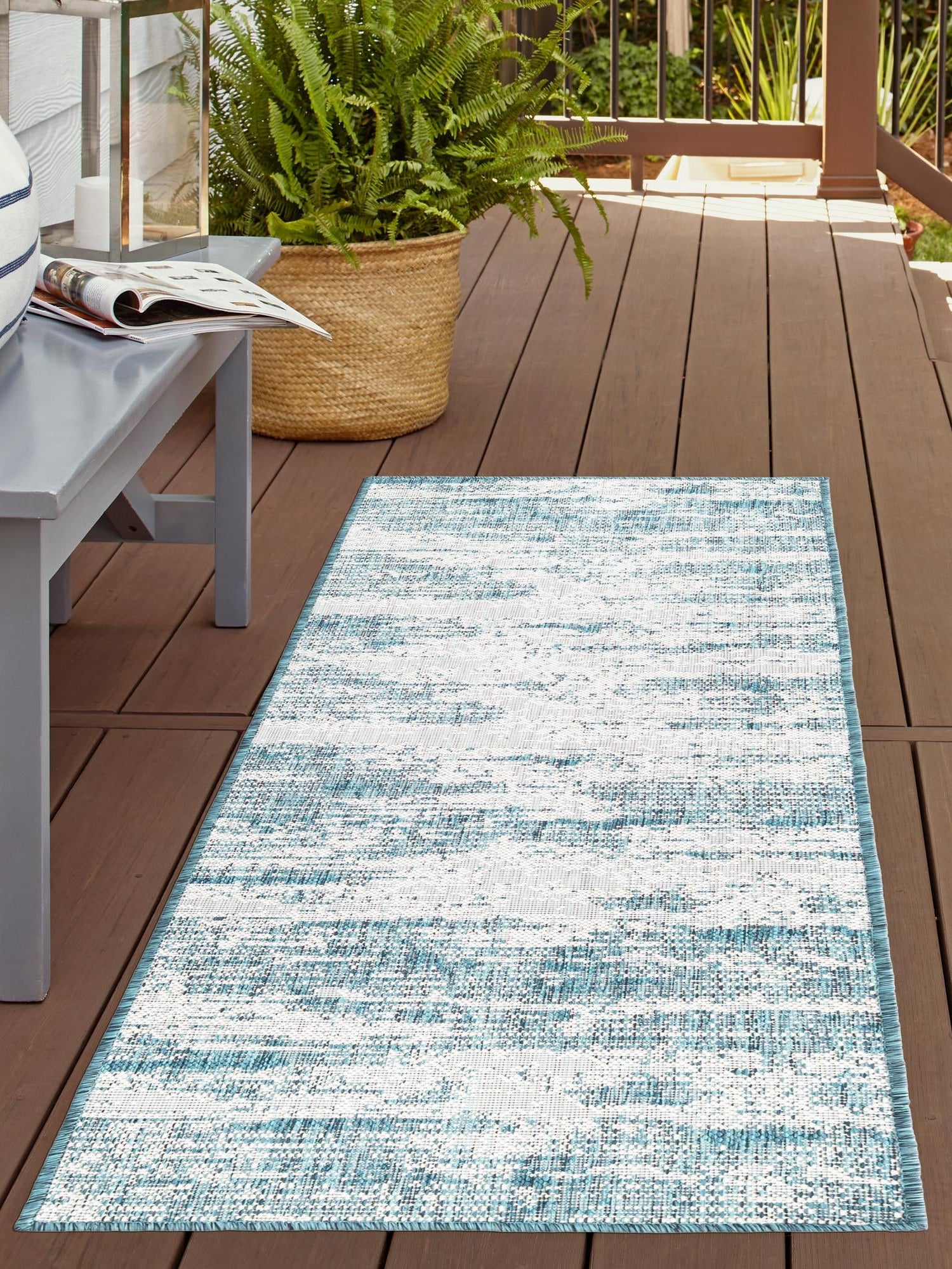 Teal 2' 7 x 10' Outdoor Modern Runner Area Rug Weather Resistant for Patio, Deck, Terrace, Balcony, Porch 100% Polypropylene Modern Outside Carpet for Sale at Rug Engine