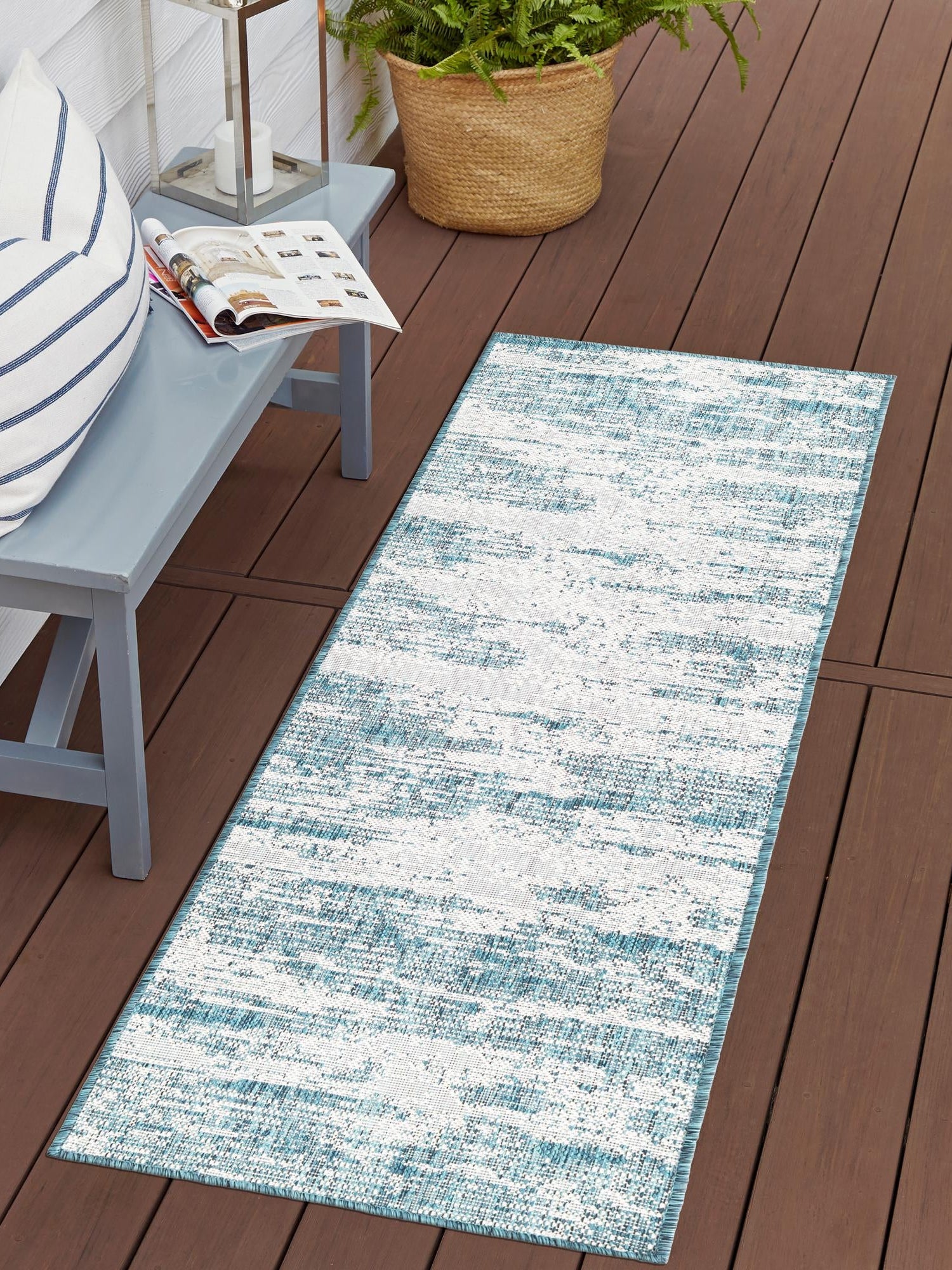Teal 2' 7 x 10' Outdoor Modern Runner Area Rug Weather Resistant for Patio, Deck, Terrace, Balcony, Porch 100% Polypropylene Modern Outside Carpet for Sale at Rug Engine