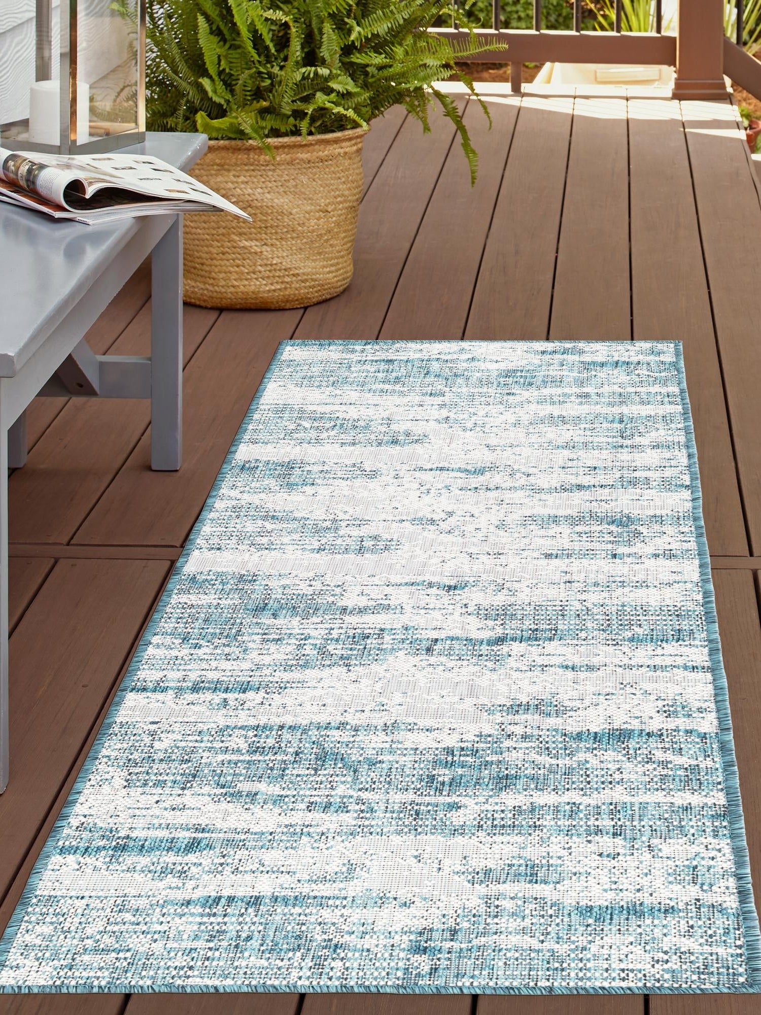 Teal 2' x 6' 1 Outdoor Modern Runner Area Rug Weather Resistant for Patio, Deck, Terrace, Balcony, Porch 100% Polypropylene Modern Outside Carpet for Sale at Rug Engine