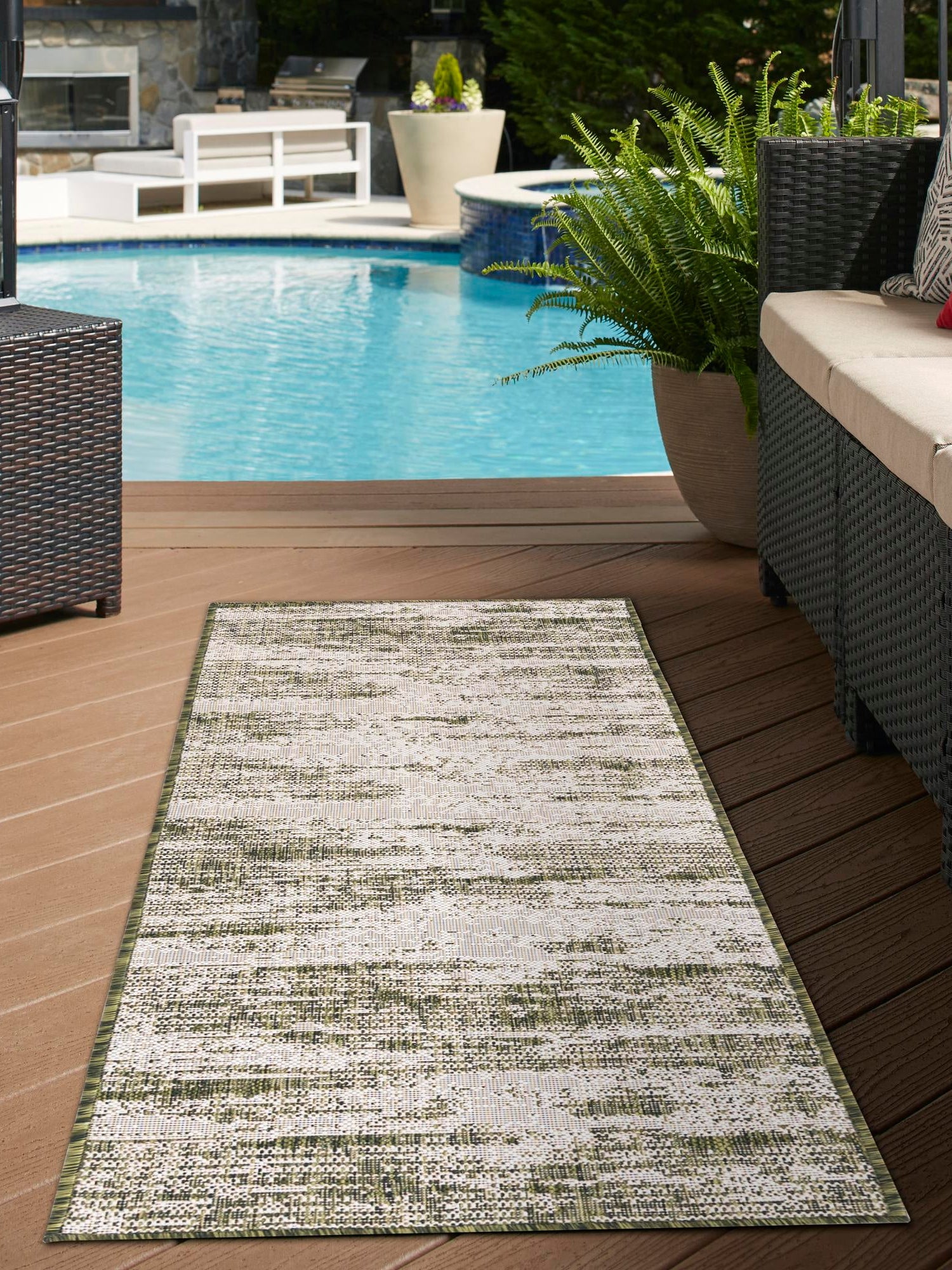 Green 2' 7 x 10' Outdoor Modern Runner Area Rug Weather Resistant for Patio, Deck, Terrace, Balcony, Porch 100% Polypropylene Modern Outside Carpet for Sale at Rug Engine