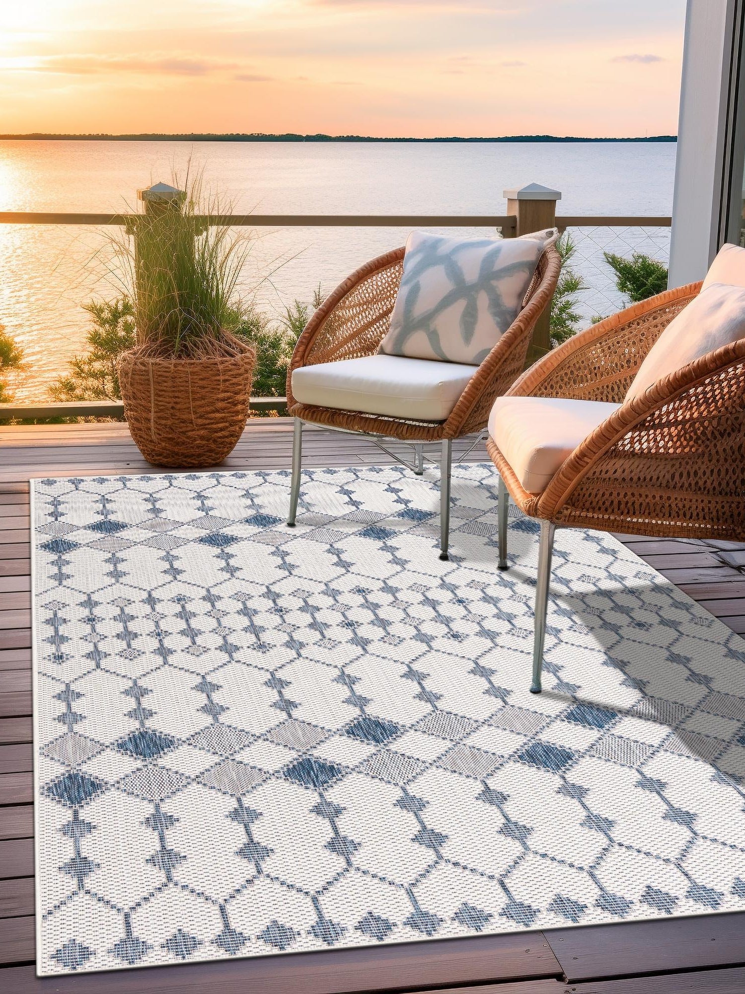 Ivory 9' x 12' Outdoor Trellis Rectangle Area Rug Weather Resistant for Patio, Deck, Terrace, Balcony, Porch Geometric Design Water Safe Outside Carpet for Sale at Rug Engine