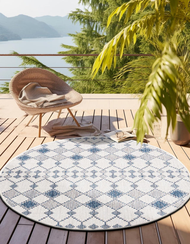 Ivory 3' 1 x 3' 1 Outdoor Trellis Round Area Rug Weather Resistant for Patio, Deck, Terrace, Balcony, Porch Geometric Design Water Safe Outside Carpet for Sale at Rug Engine