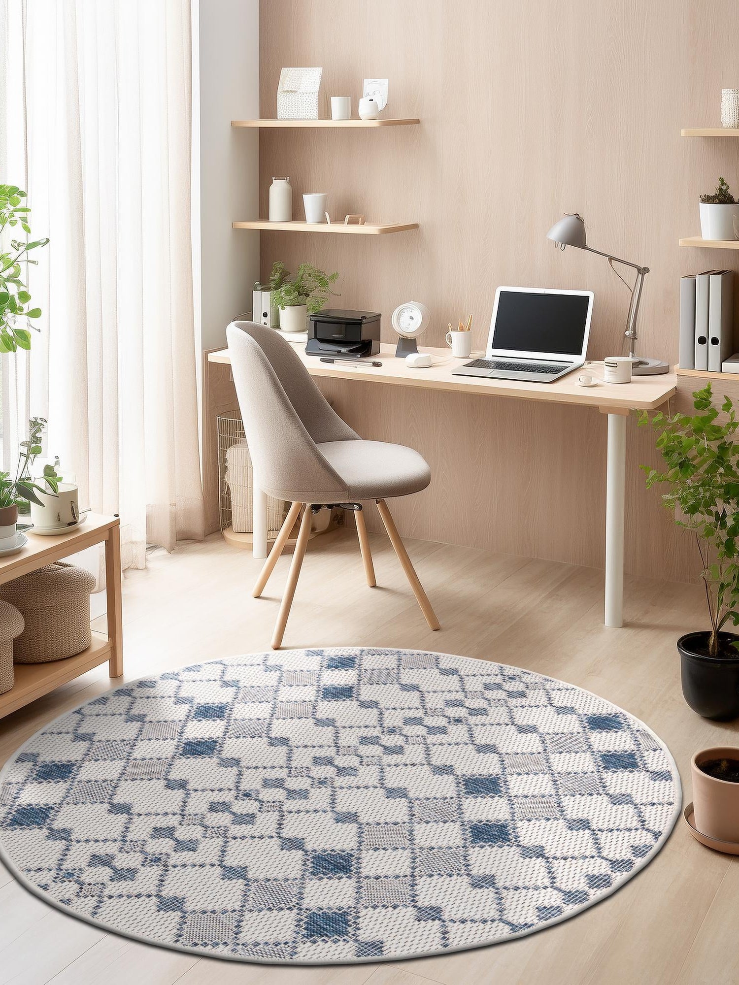 Ivory 10' x 10' Outdoor Trellis Round Area Rug Weather Resistant for Patio, Deck, Terrace, Balcony, Porch Geometric Design Water Safe Outside Carpet for Sale at Rug Engine