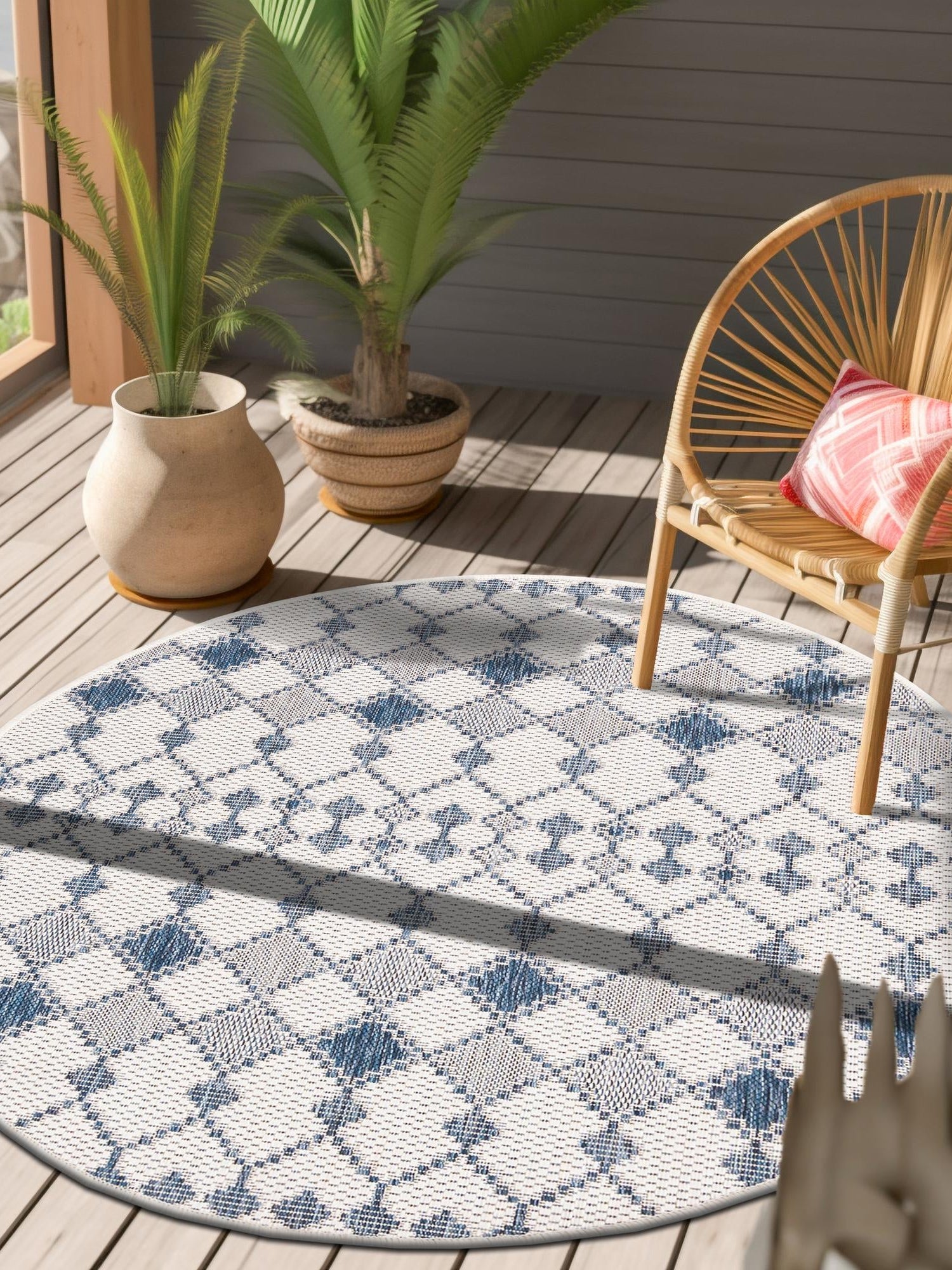 Ivory 3' 1 x 3' 1 Outdoor Trellis Round Area Rug Weather Resistant for Patio, Deck, Terrace, Balcony, Porch Geometric Design Water Safe Outside Carpet for Sale at Rug Engine